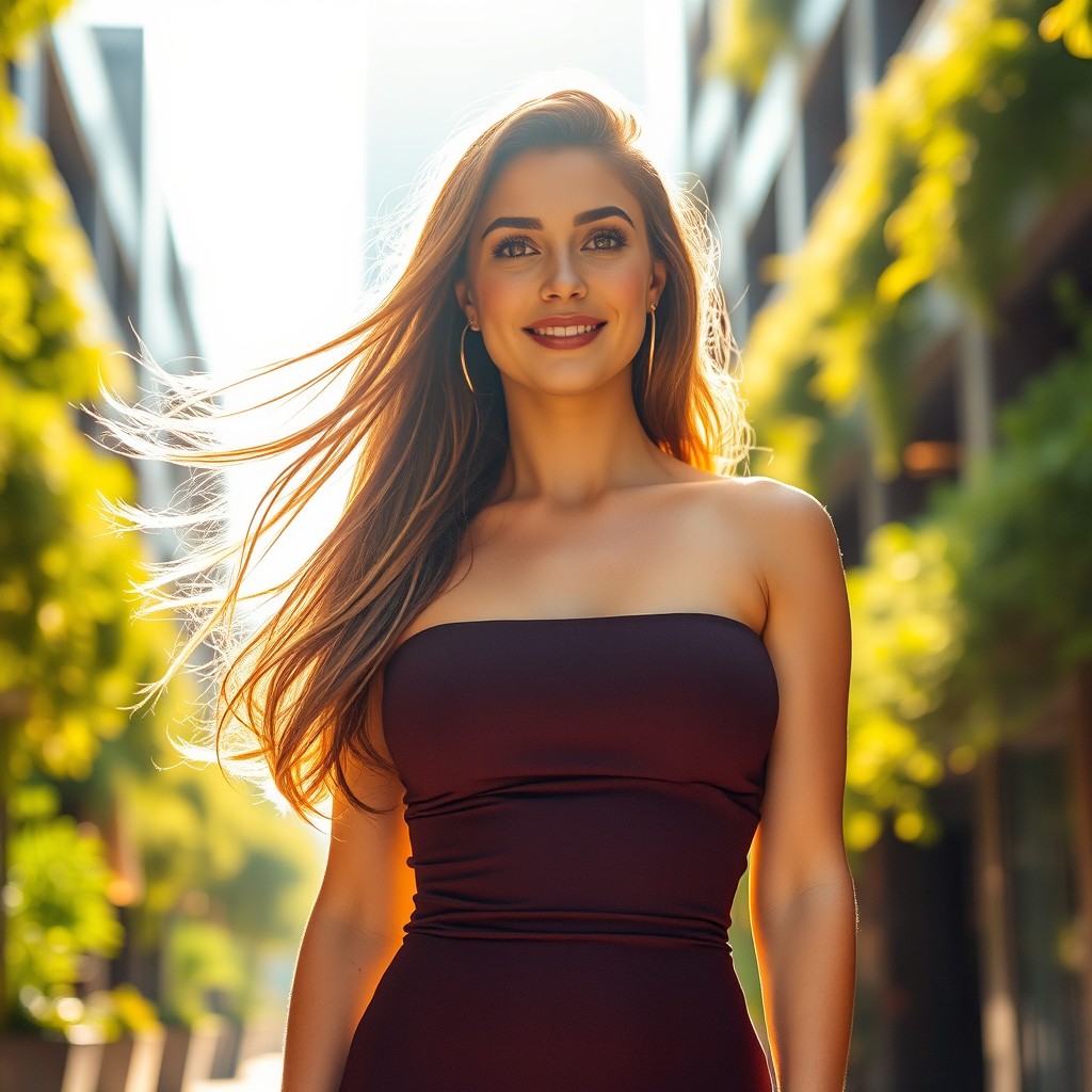 A beautiful and confident woman standing in a sunlit urban setting