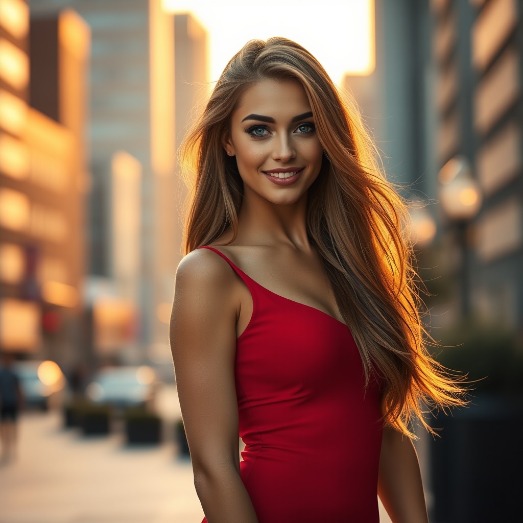 A stunning woman with long flowing hair, wearing a stylish red dress that accentuates her figure, standing confidently in an urban setting