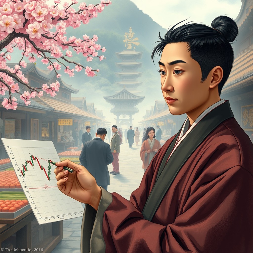 A depicted scene of a young Munehisa Honma, the famous figure known for his contributions to financial analysis, portrayed in his youth