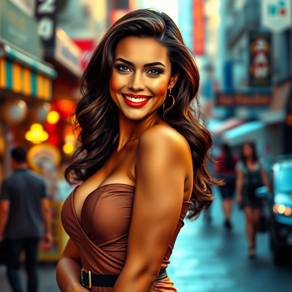 A realistic portrayal of a hot woman in a bustling city backdrop