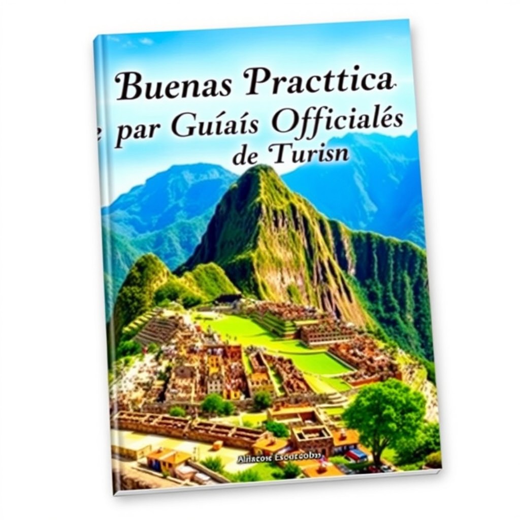 A visually appealing manual cover titled 'Buenas Prácticas para Guías Oficiales de Turismo' prominently displayed at the top in bold, elegant font