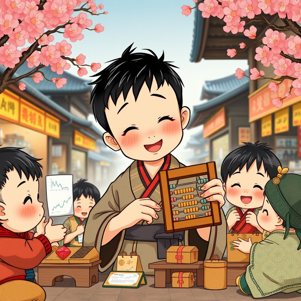 A charming and imaginative illustration featuring Munehisa Honma as a young boy, showcasing his early fascination with trading and finance