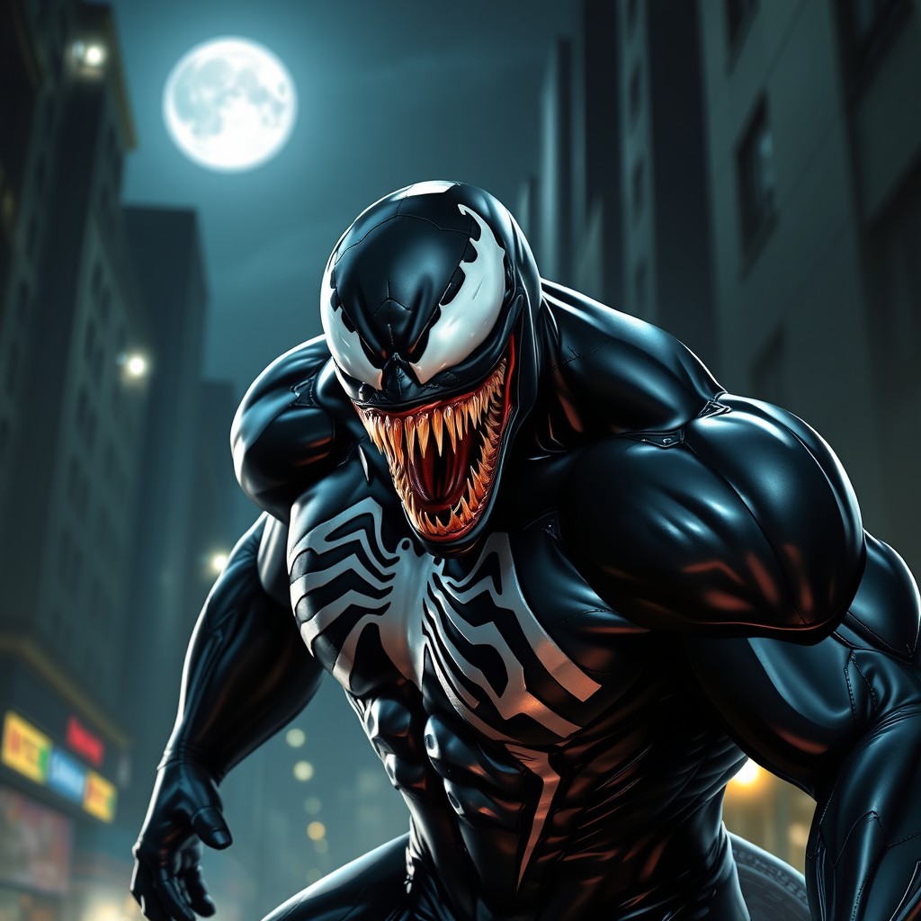 An artistic representation of Venom, showcasing his iconic symbiotic features