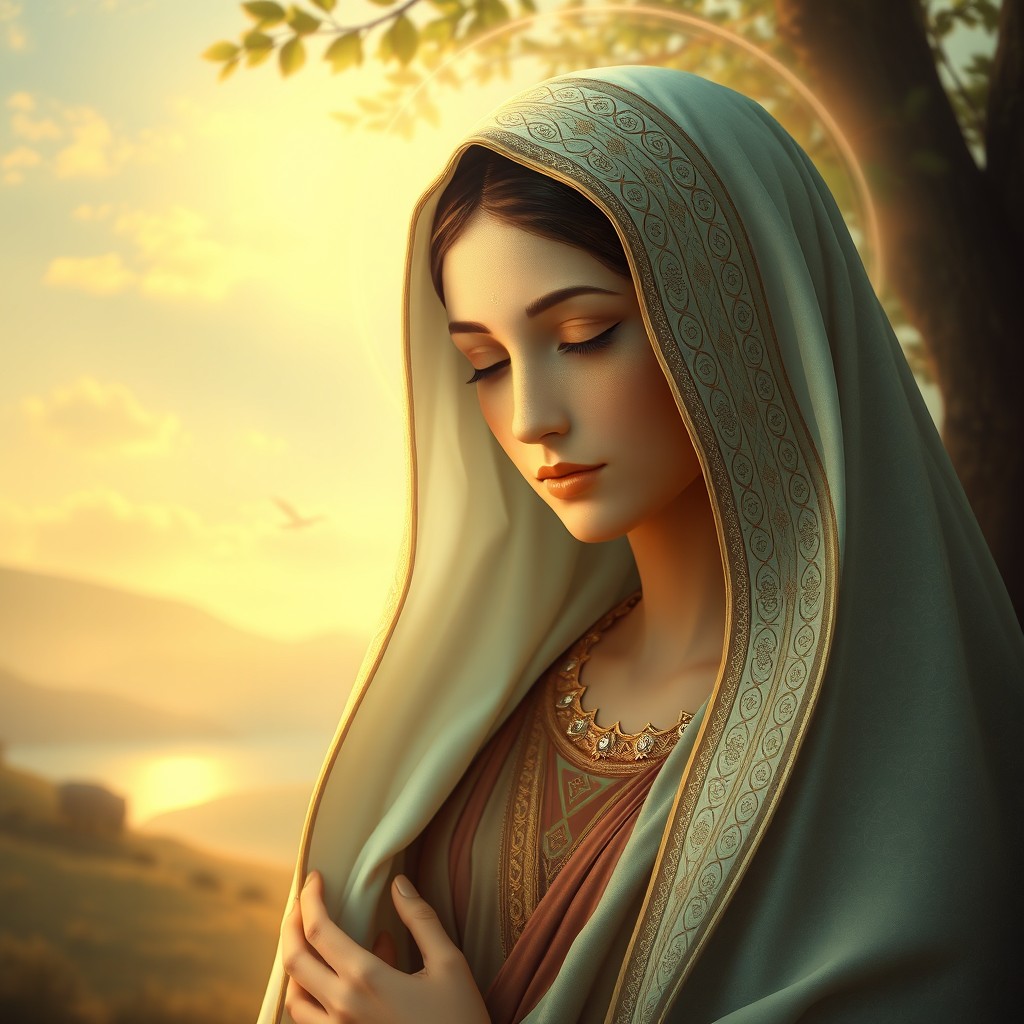 An ethereal depiction of Virgin Mary with a serene expression, surrounded by soft, warm light, conveying a sense of purity and grace