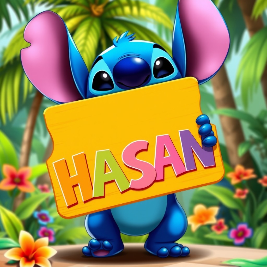 A cartoon character resembling Stitch from Disney, with vibrant blue fur and large ears, playfully holding a colorful sign with the name 'HASAN' written in bold, fun letters