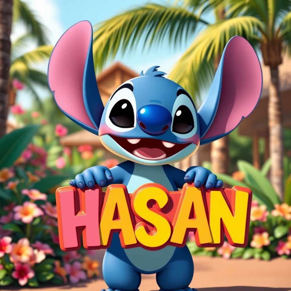 A cartoon character resembling Stitch from the popular animated movie, standing cheerfully while holding a colorful sign that spells out the name 'HASAN' in big, fun letters