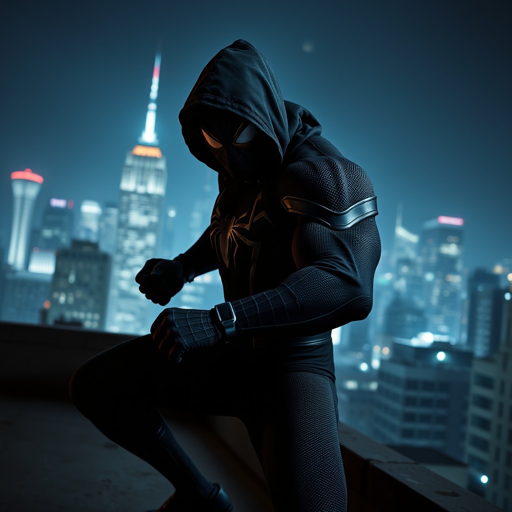 A dark, brooding version of Spider-Man in a hooded costume, striking a dynamic and aggressive pose on a city rooftop at night