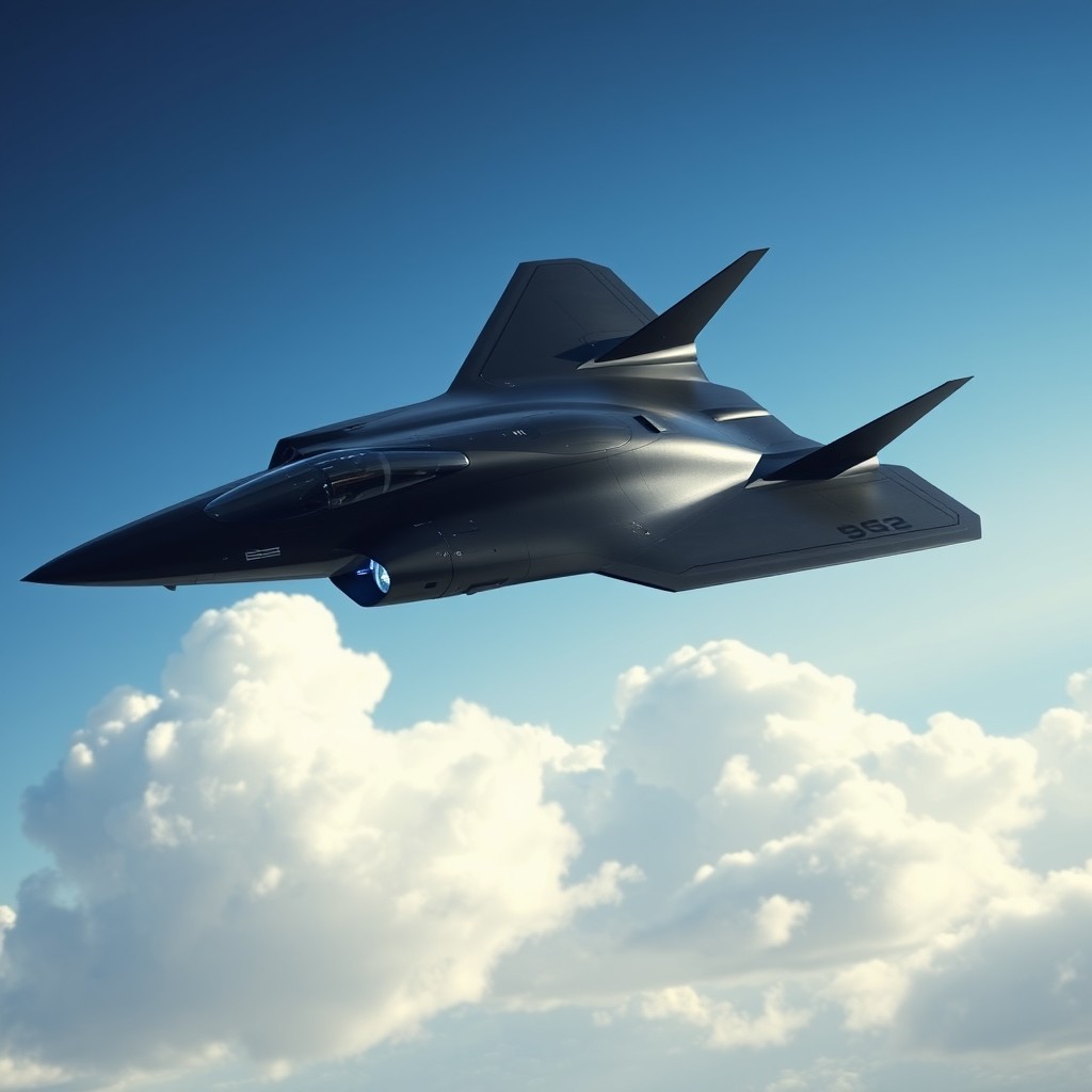 A futuristic, stealthy seventh-generation fighter jet, designed with advanced technology and a sleek aerodynamic silhouette