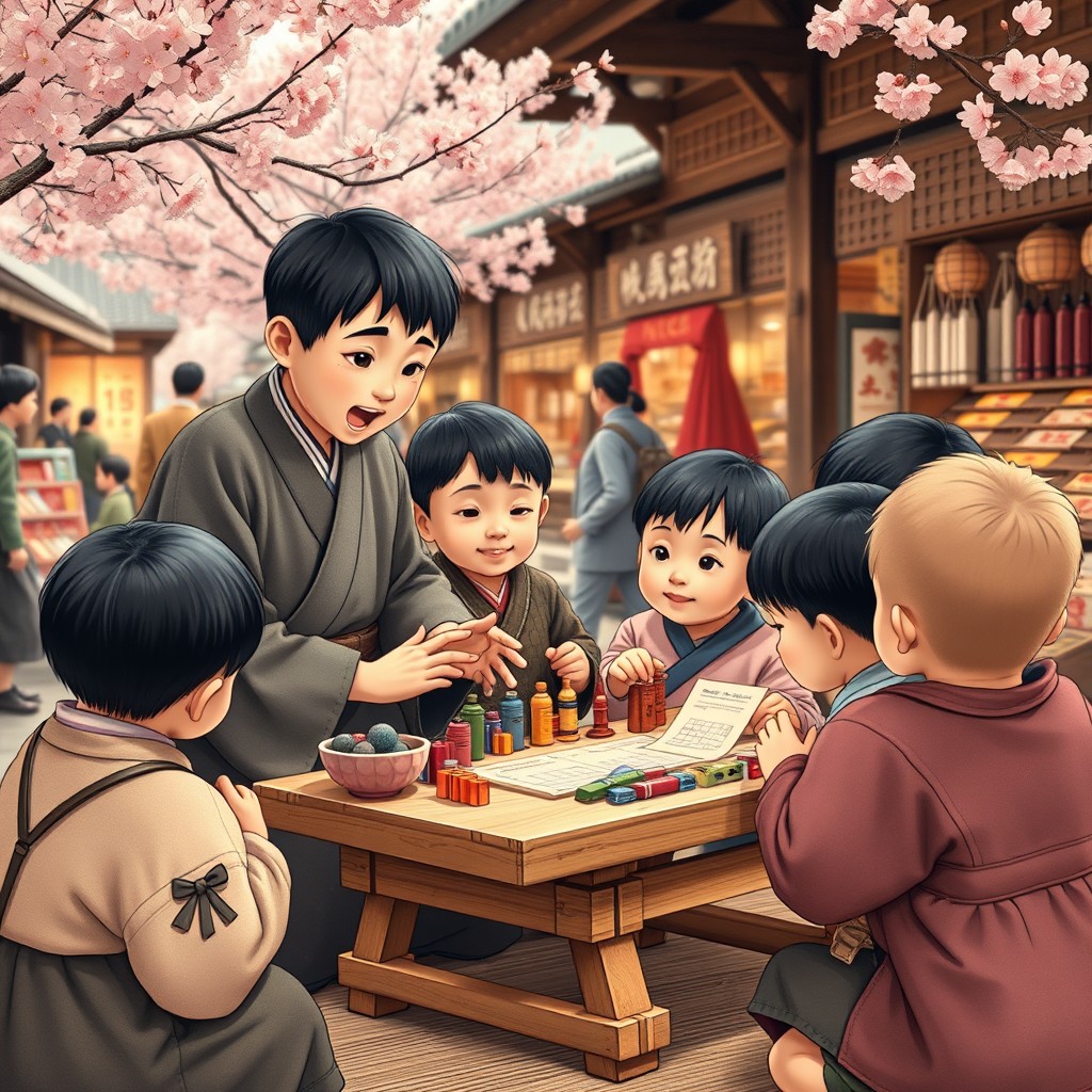 A heartwarming scene featuring a young Munehisa Honma engaging with children in a playful learning environment, showcasing his early influences and insights into trading