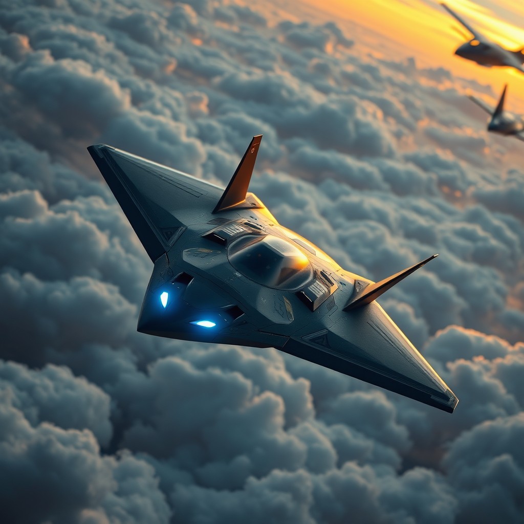 A futuristic, stealth fighter jet from the seventh generation, showcasing advanced technology and sleek design