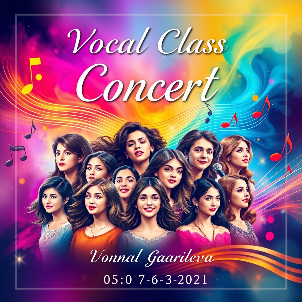 A vibrant and artistic concert poster featuring the vocal class students of the instructor Olena Payereleva