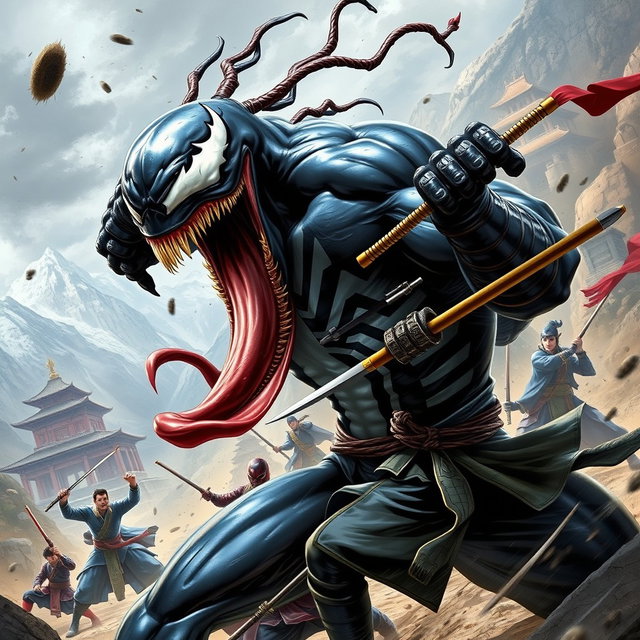 A dynamic and intense scene of Venom, the Marvel character, engaged in a fierce battle with Kunlun warriors