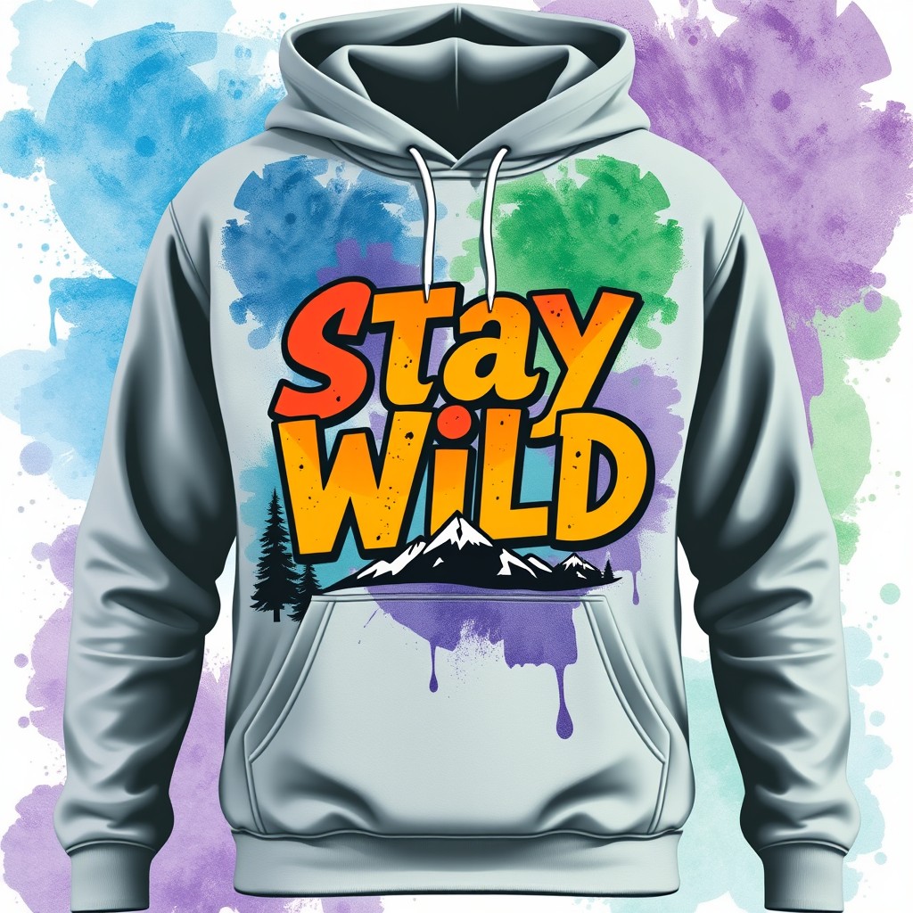 A stylish hoodie design featuring bold, artistic lettering that says "Stay Wild" in a vibrant, eye-catching font