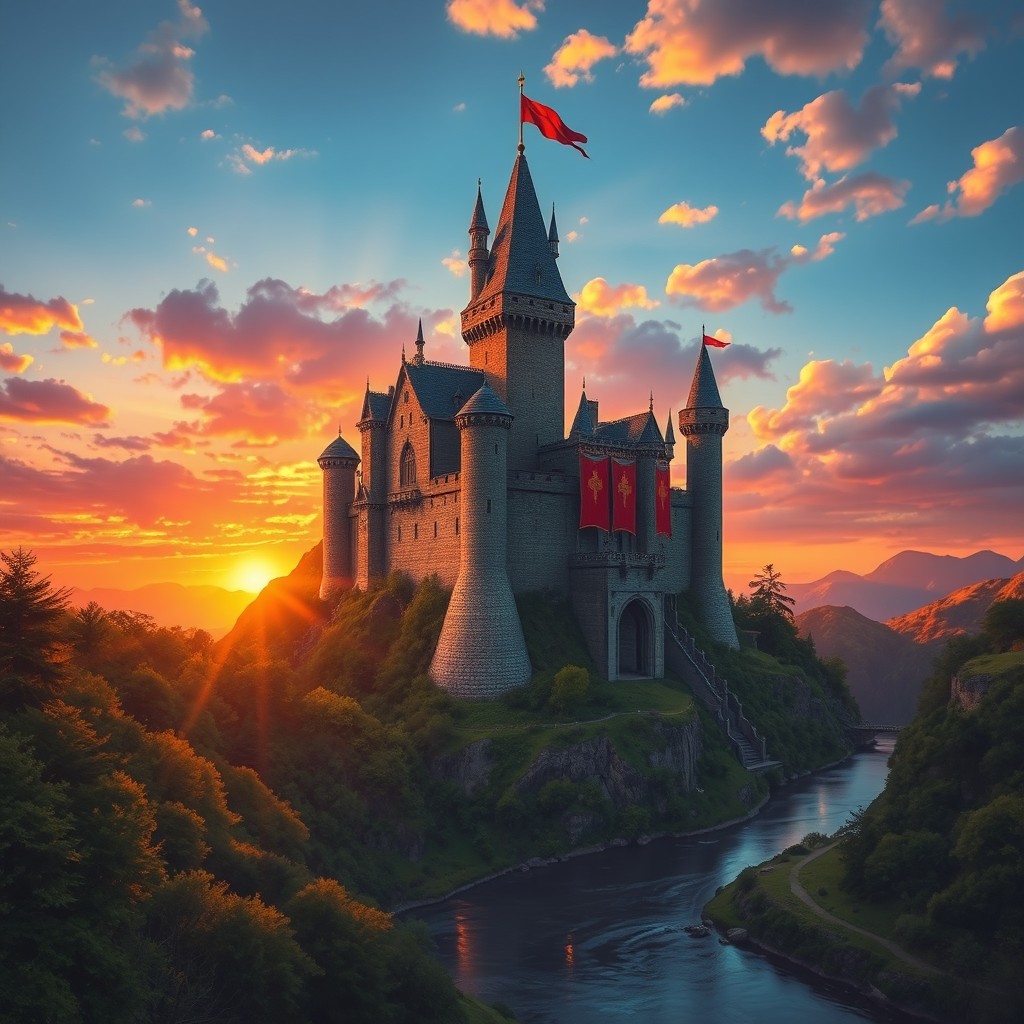 A stunning medieval castle perched on a hilltop, bathed in warm hues of orange, pink, and purple as the sun sets behind it