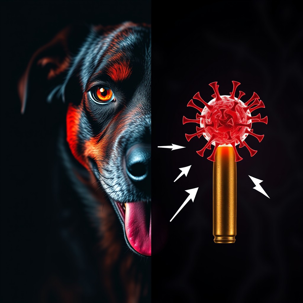 A split image featuring two contrasting halves: the left side is dark and red, showing a menacing dog with foamy saliva and aggressive eyes, symbolizing the transmission of rabies through animals