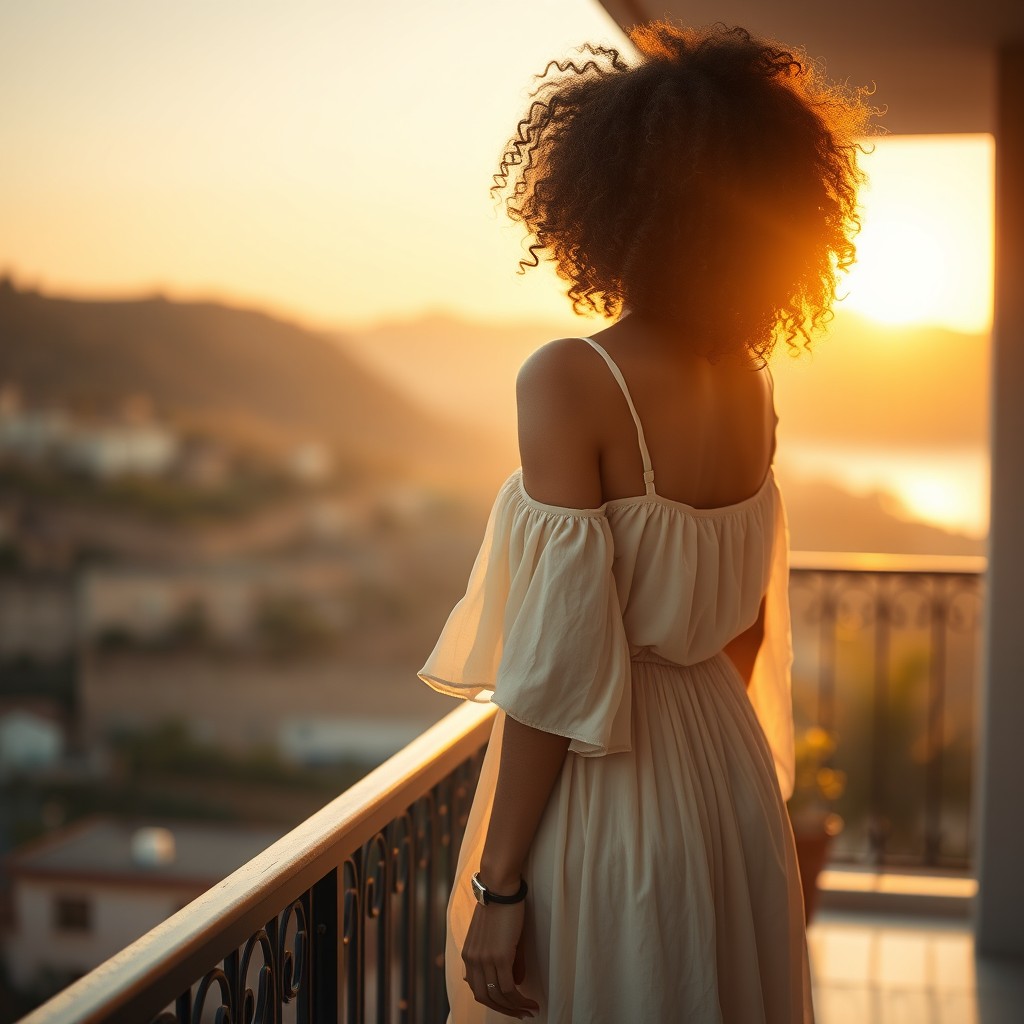An ultra-realistic photo capturing a beautiful young Moroccan woman with voluminous, curly hair, standing on a balcony during the golden hour