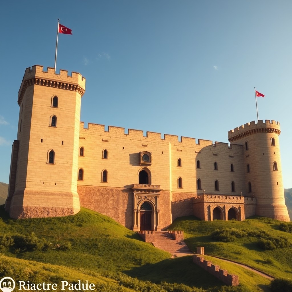 A massive medieval castle, taking the place of Aleppo Fortress, with towering walls, majestic towers, intricate stonework, and a commanding presence over a sprawling landscape