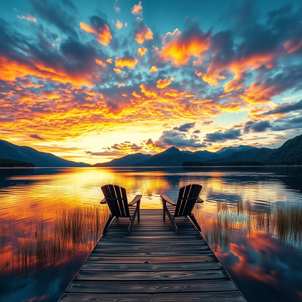 A serene landscape featuring a tranquil lake reflecting a vibrant sunset, surrounded by lush green mountains and a colorful sky filled with clouds