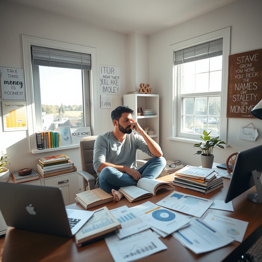 A person sitting in a cozy, modern home office, deep in thought, surrounded by books and a laptop