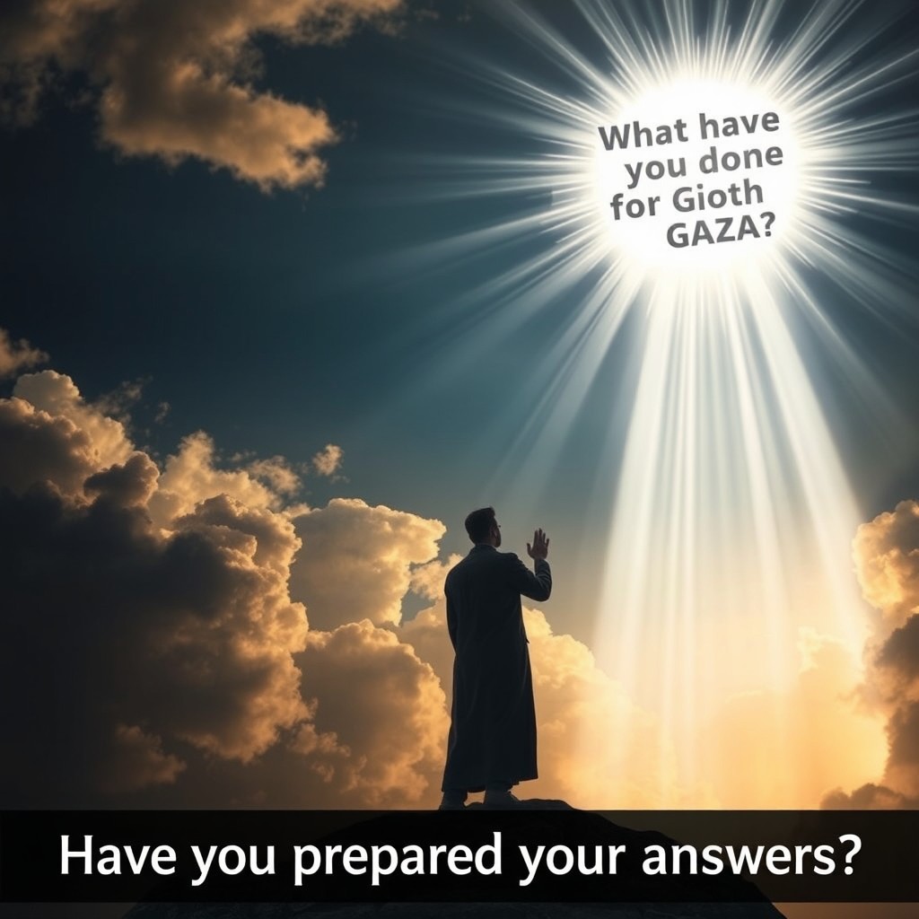 A dramatic scene depicting a person standing in the sky before a large, radiant white light, representing God on Judgment Day