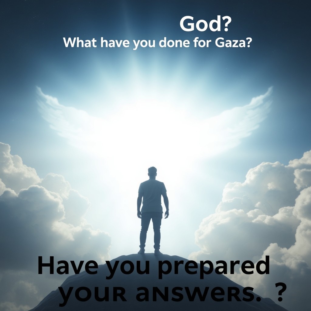 A dramatic scene depicting a person standing in the sky before a massive, radiant white light representing God, resembling the Day of Judgment