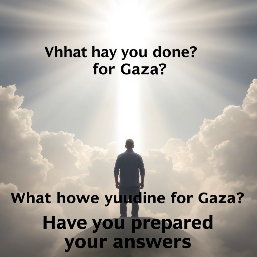 A dramatic scene depicting a person standing in the sky in front of a large, glowing white light representing God, reminiscent of the Day of Judgment