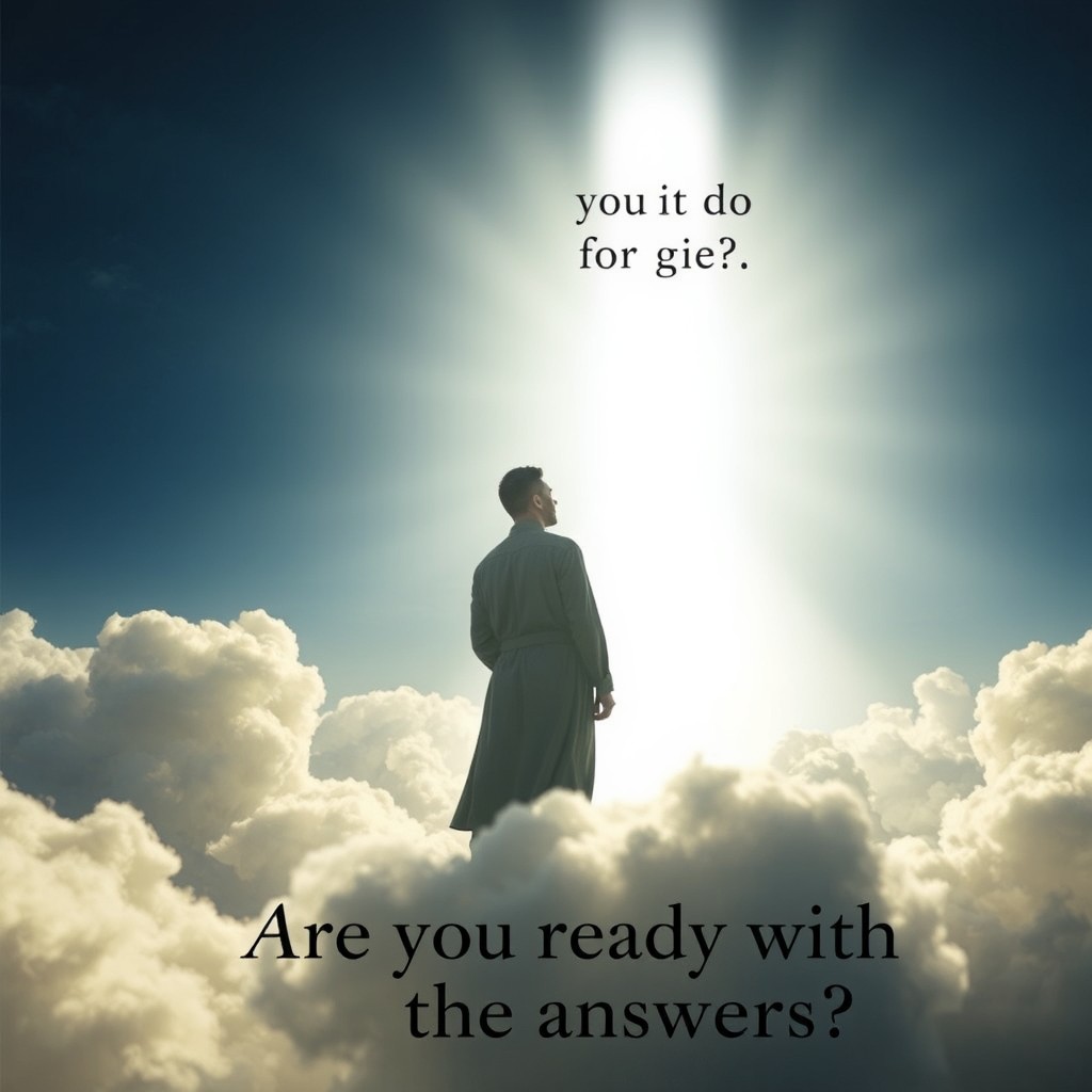 A person standing in the sky before a large, bright white light, representing God on the Day of Judgment