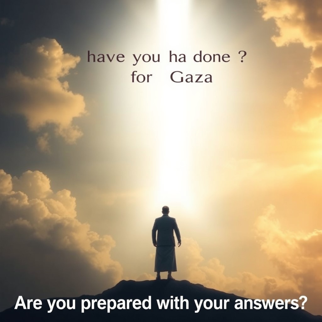 A dramatic scene depicting a person standing in the sky in front of a large, radiant white light, symbolizing God, with an ethereal and celestial atmosphere