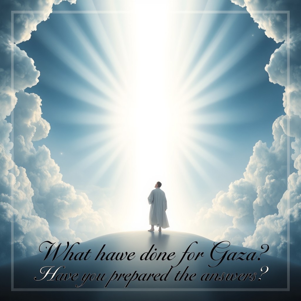 A dramatic and awe-inspiring scene depicting a divine figure standing in the sky before a large, bright white light representing God, resembling a judgment day atmosphere