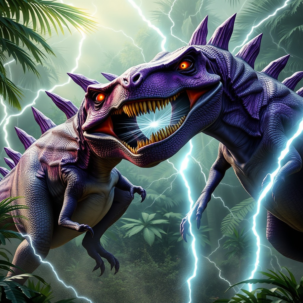 An epic scene featuring an Indominus Rex in a dramatic confrontation with a striking purple Tyrannosaurus Rex that has glowing yellow eyes
