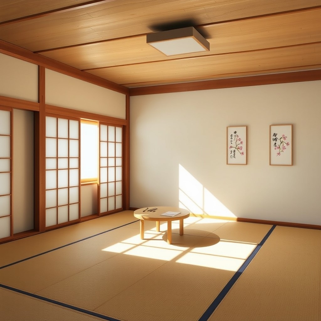 A serene and minimalistic Japanese style classroom, featuring tatami mat flooring, sliding shoji doors, and wooden beams