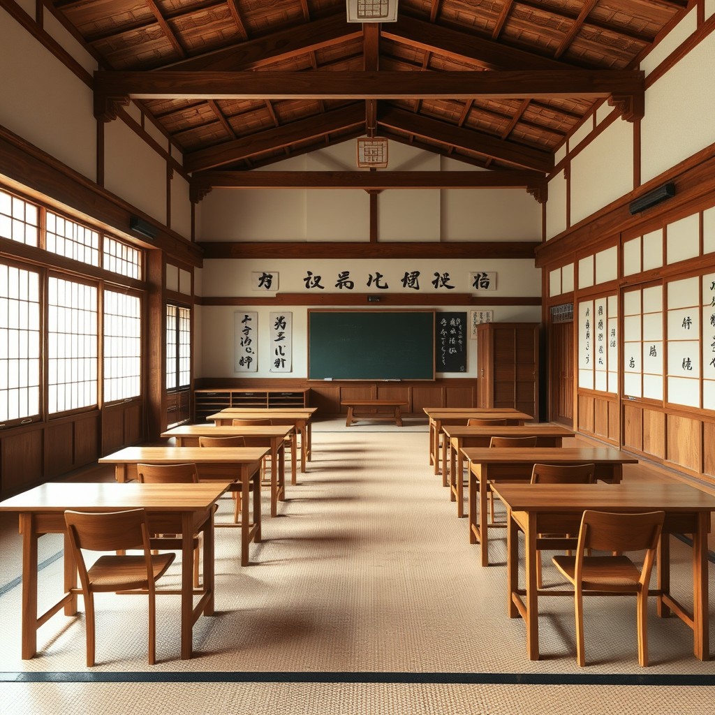 An empty Japanese style classroom, featuring traditional wooden desks arranged in neat rows, sliding shoji doors with paper screens, large windows allowing natural light to flood the room