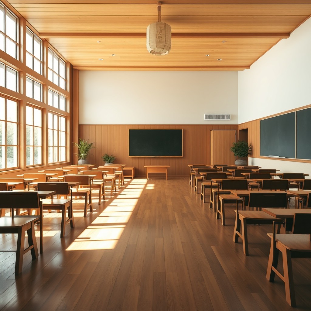 An empty Japanese style classroom, featuring wooden floors and large windows allowing natural light to flood in