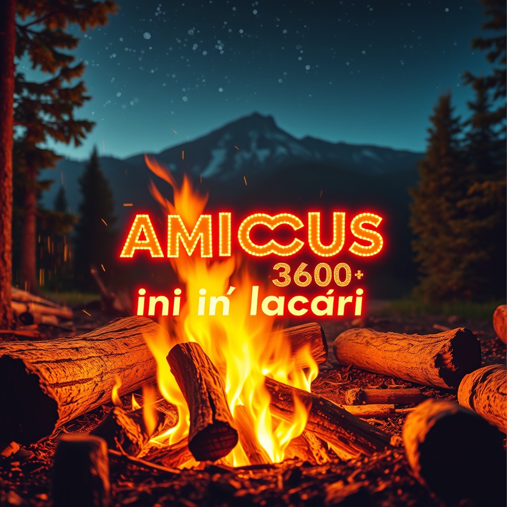 A vibrant summer camp poster for the event 'AMiCUS 360 în flăcări', featuring a warm atmosphere filled with dynamic campfire elements