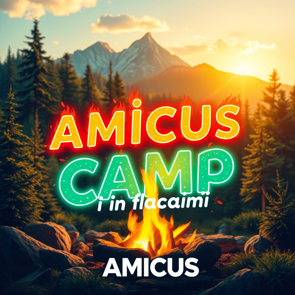 A vibrant summer camp poster titled 'AMiCUS 360 în flăcări', capturing the essence of a warm camp atmosphere