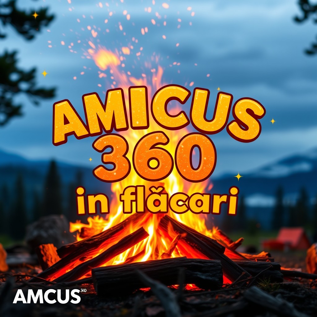 A vibrant summer camp poster for AMiCUS 360, featuring a bright bonfire with intense flames and sparkling embers dancing in the air