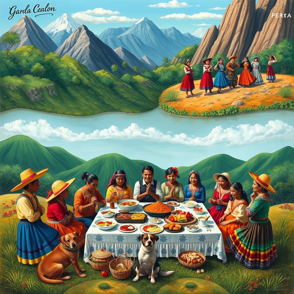 A vibrant and colorful scene depicting a traditional Peruvian landscape that showcases the diverse regions of Peru: the Sierra, Selva, and Costa