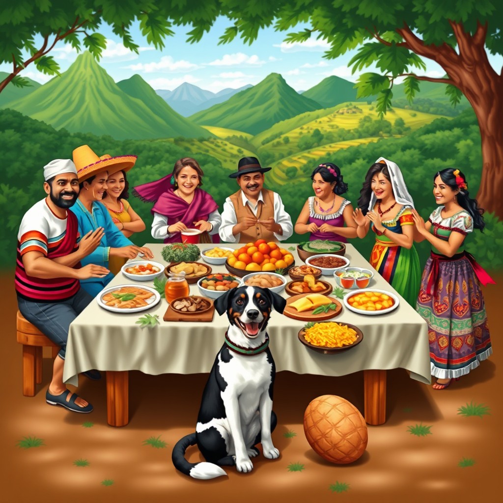 A colorful depiction of a traditional Peruvian scene featuring the diverse regions of Peru - the Sierra, Selva, and Costa