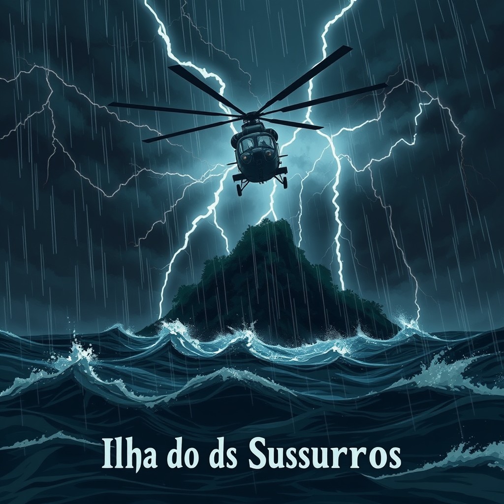 A dark, cinematic illustration of a military helicopter spiraling down toward a mysterious, ominous island during a violent storm