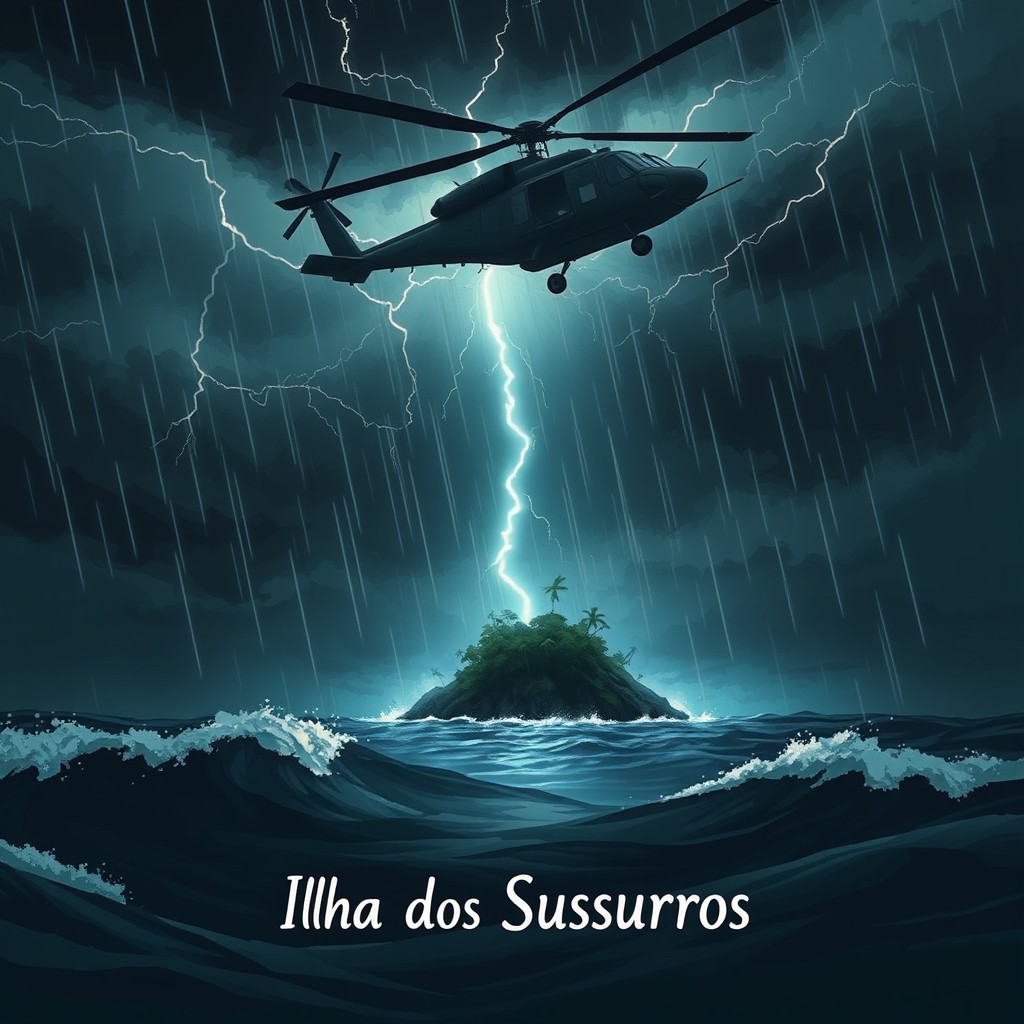A dark, cinematic illustration of a military helicopter spiraling down toward a mysterious, ominous island during a violent storm