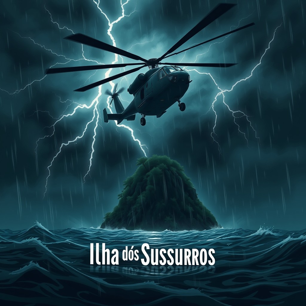 A dark, cinematic illustration of a military helicopter spiraling down toward a mysterious, ominous island during a violent storm