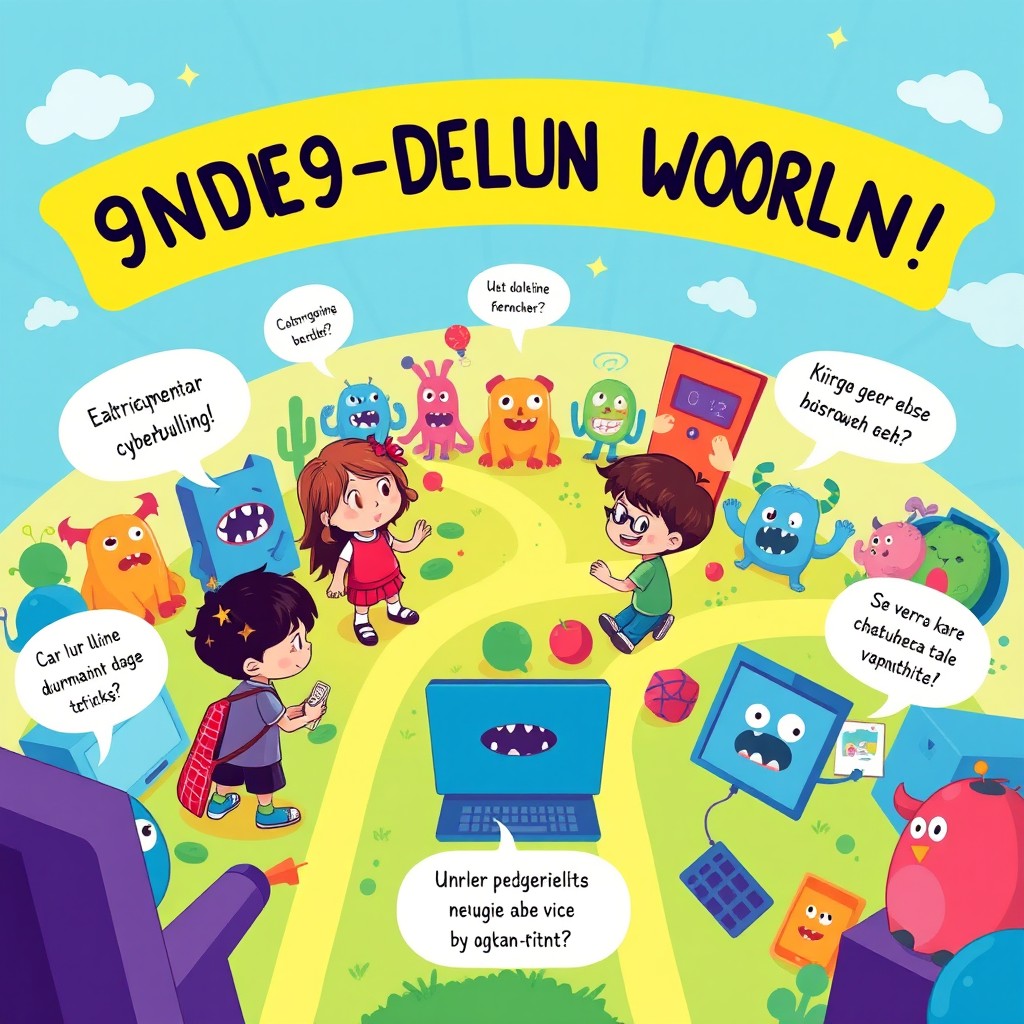 A vibrant and playful graphic poster designed from the perspective of 9-year-old children, showcasing the dangers of the digital world in a fun and engaging way