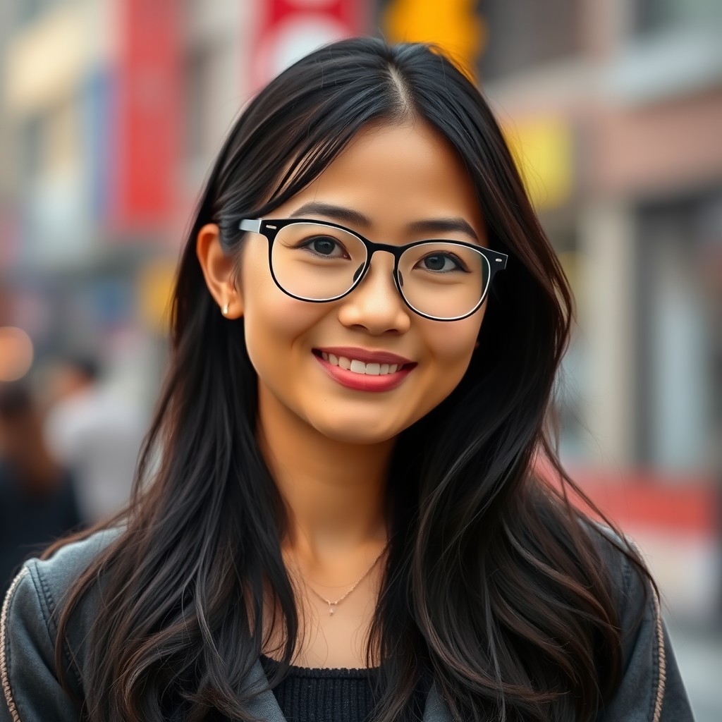 A portrait of an Asian woman wearing stylish glasses, exuding confidence and intelligence