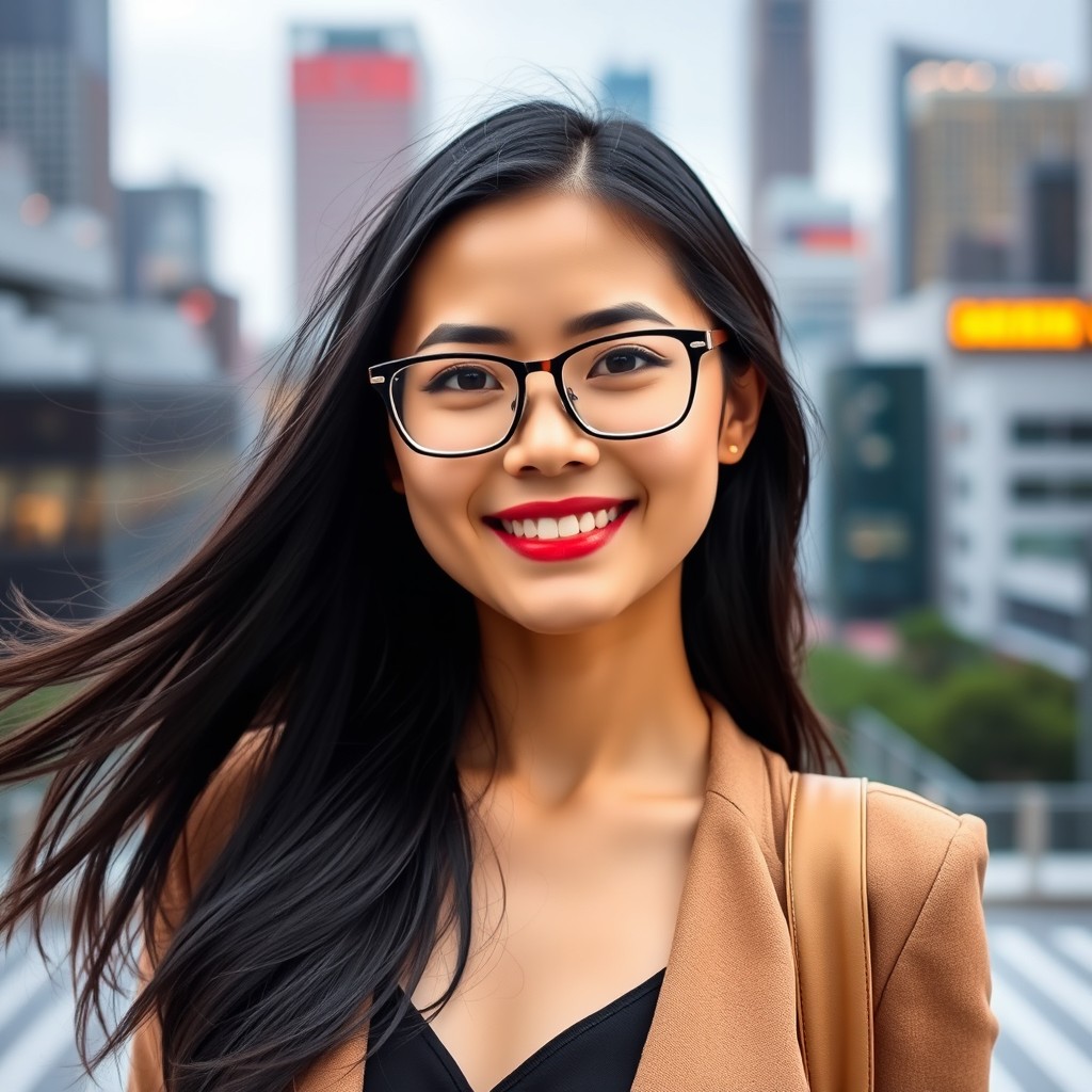 A stunning Asian woman wearing stylish eyeglasses, showcasing a confident smile