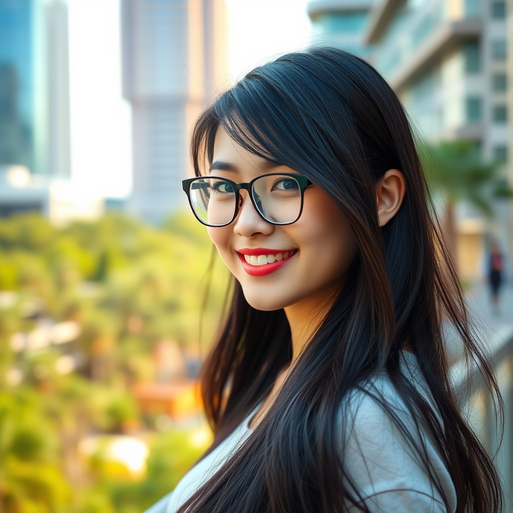 A beautiful Asian woman wearing stylish glasses, with a charming smile