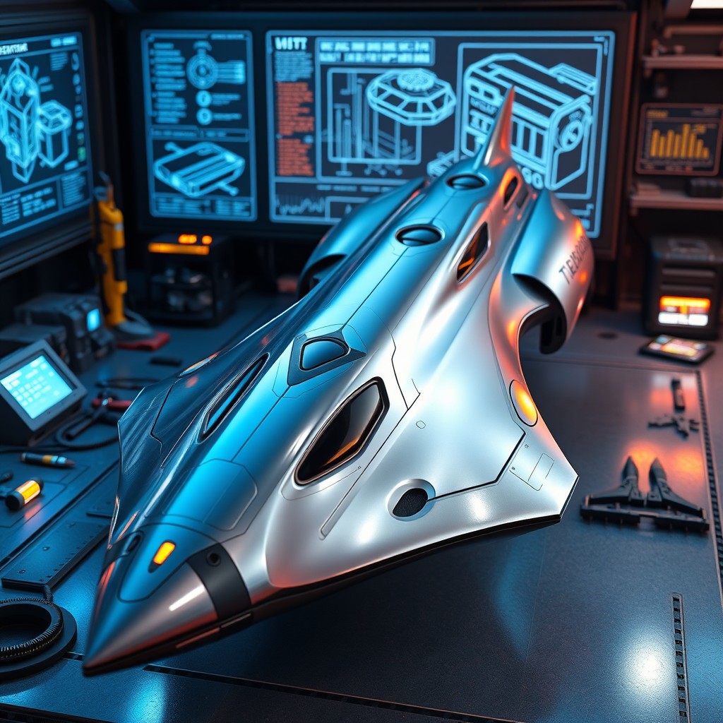 A hyper-realistic 3D rendering of a futuristic tryska (jet or rocket)