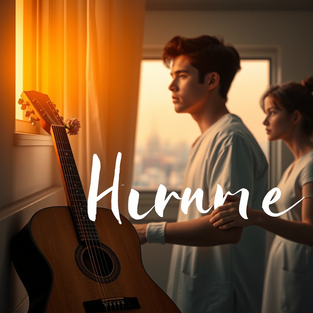 A warm and quiet hospital room at sunset, with soft orange light streaming in through a window, illuminating the scene