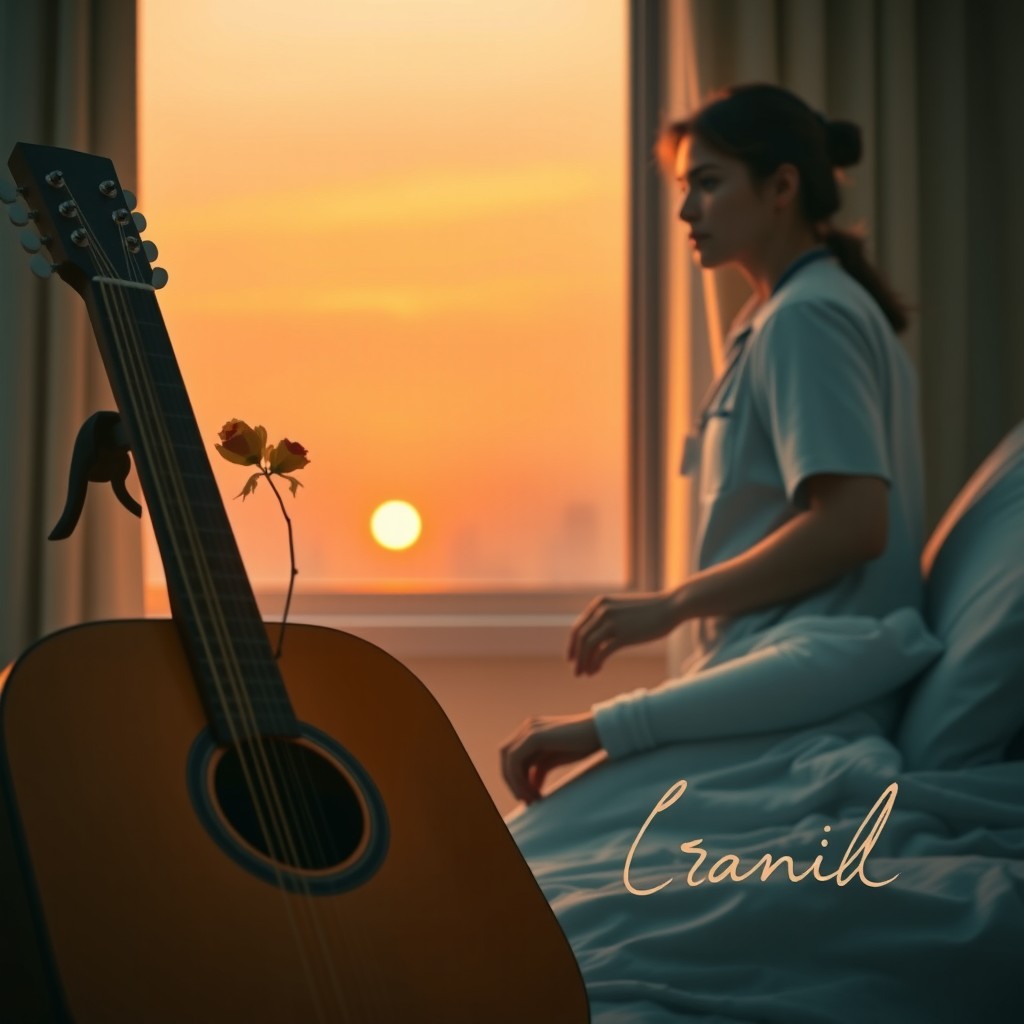A hospital room at sunset, warm and silent
