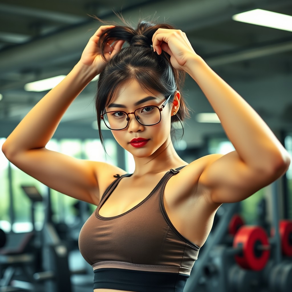A dynamic scene showcasing an Asian woman with glasses and an athletic build in a gym room, tying up her hair into a ponytail