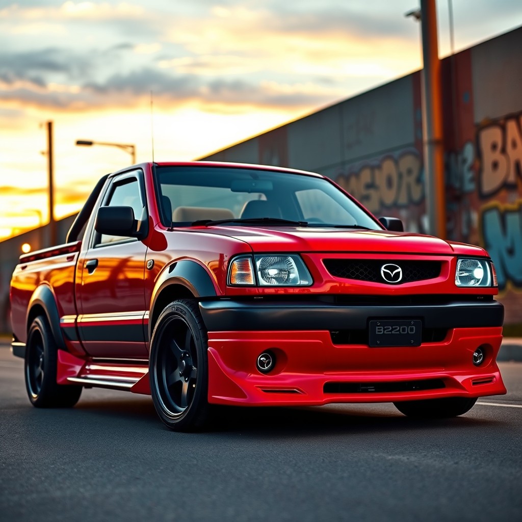 A customized Mazda B2200 pickup truck, showcasing a unique, sporty design with lowered suspension and enhanced aerodynamics